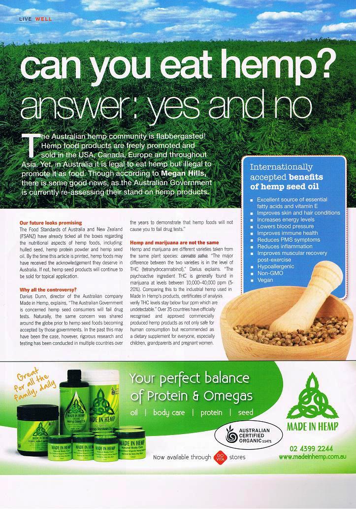 2013 Australian magazine article titled Can You Eat Hemp featuring Made In Hemp and hemp seed oil