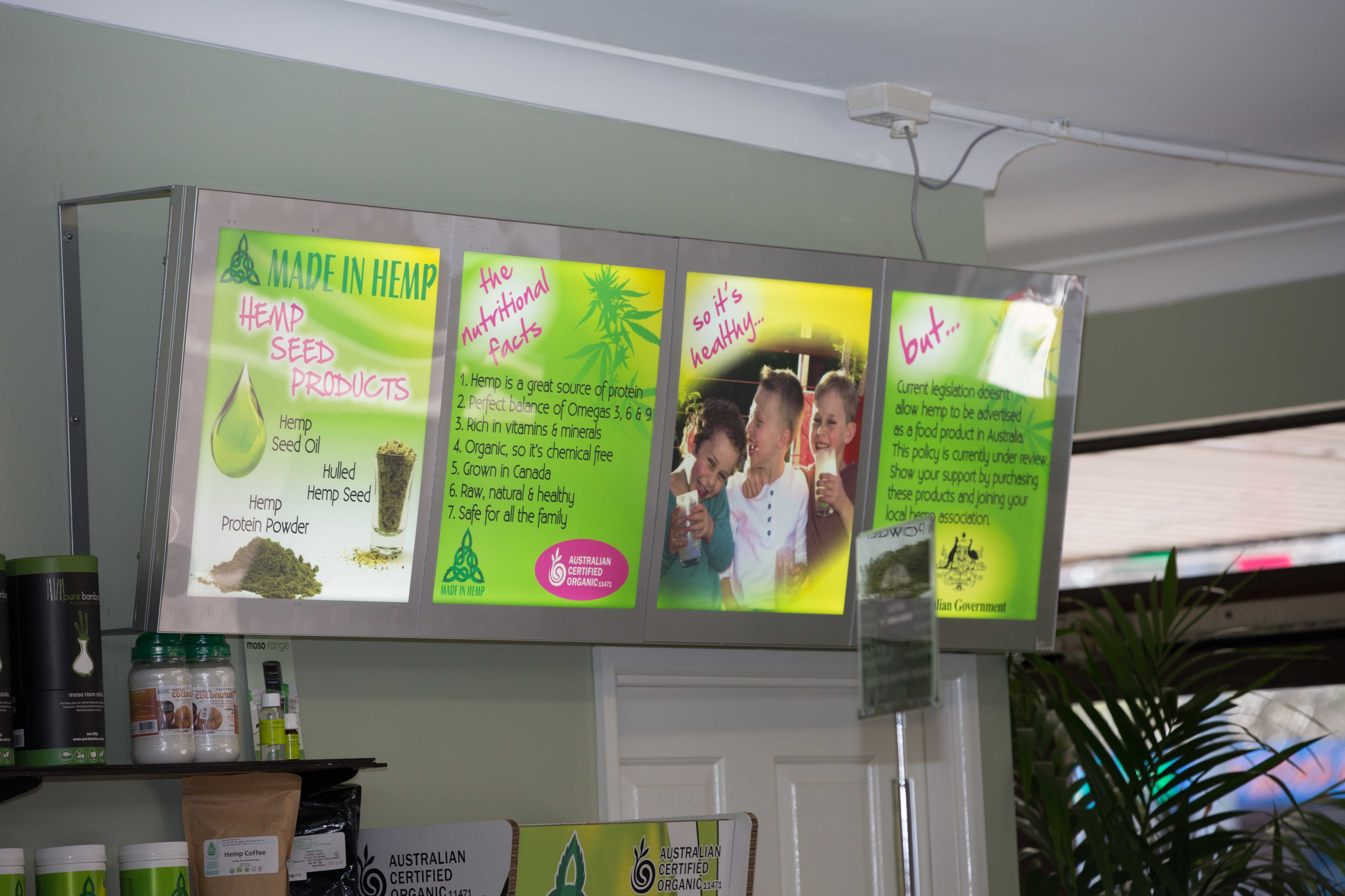 Early Made In Hemp store display explaining hemp seed products in 2013