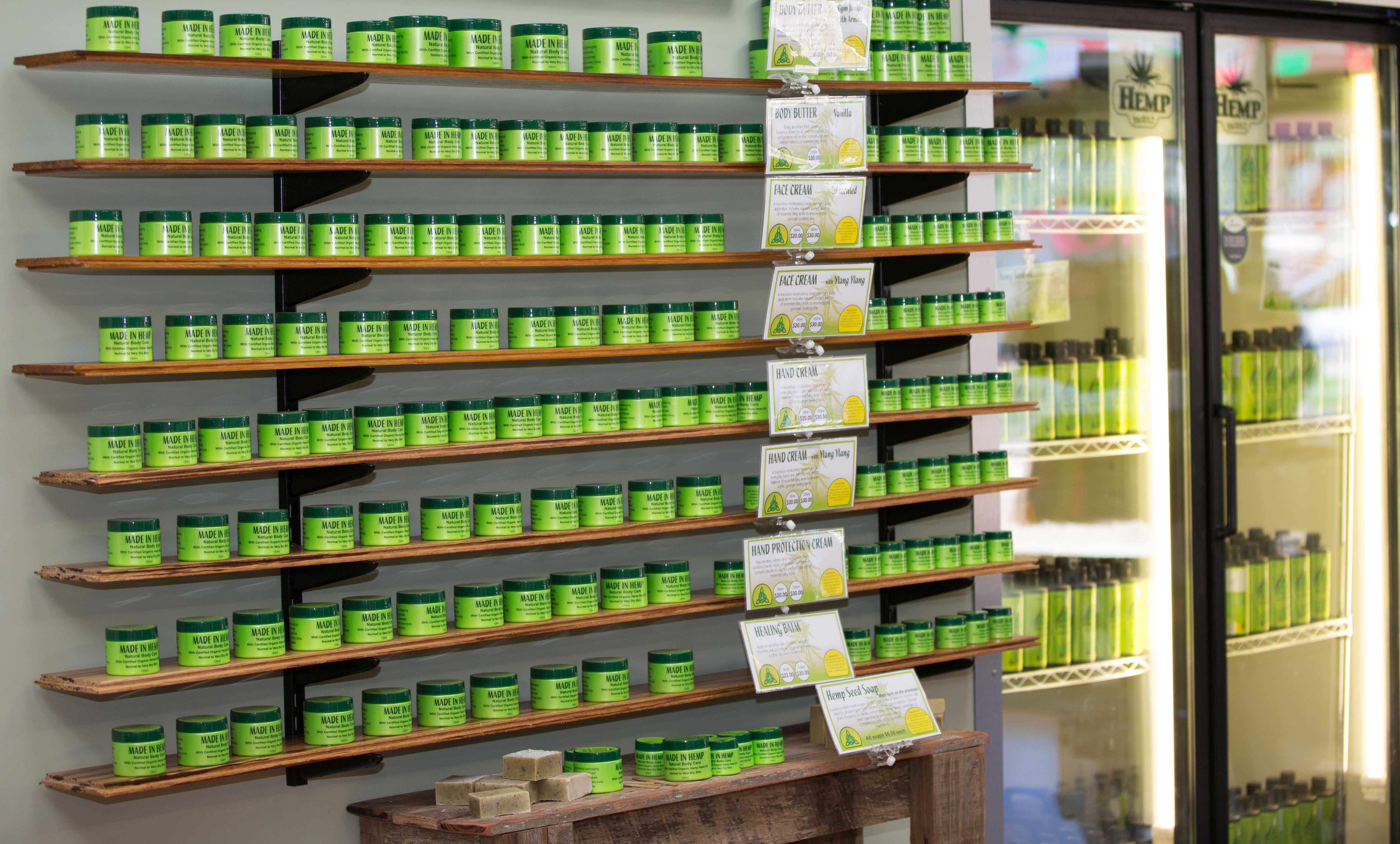 Made In Hemp skincare display wall inside the Long Jetty store in 2013