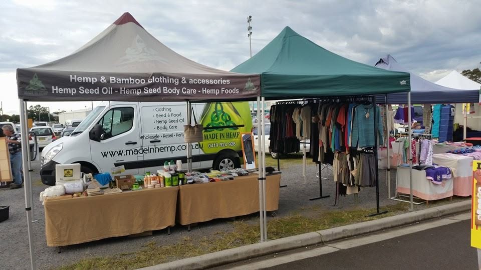 Made In Hemp market stall with branded van, clothing racks, hemp skincare and hemp products